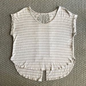 Cream Oat Heather & White Striped Short Sleeve Top With Crochet Open Knit Back